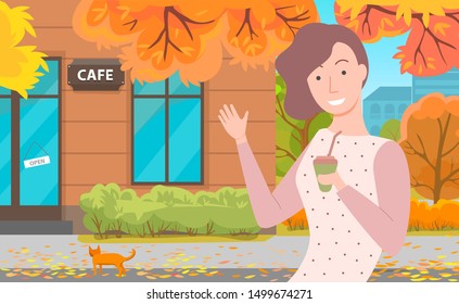 Signboard cafe on building. Girl stand outdoor on street with drink. Yellow leaves falling down at autumn. Golden foliage on floor. Vector illustration in flat cartoon style. Cafe in autumnal park