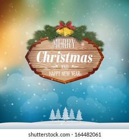 Signboard with Christmas greeting. Holidays, vector greeting card