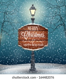 Signboard with Christmas greeting on lamp post, winter night landscape with snow flakes. Vector illustration