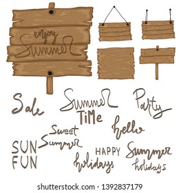 Signboard creation set. Build your own design. Wooden boards of different shapes and sizes. Cartoon style illustration - vector.