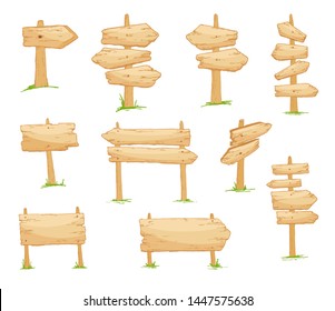 Signboard creation set. Build your own design. Wooden boards of different shapes and sizes. Cartoon style illustration.