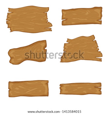 Signboard creation set. Build your own design. Wooden boards of different shapes and sizes. Cartoon style illustration - vector