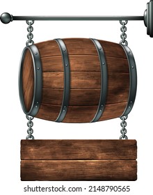 Signboard design for a pub or wine bar in the form of a barrel and a wooden board hanging on chains. High detailed realistic illustration.