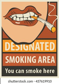 signboard designated smoking area with a pattern of human lips and lit cigarette