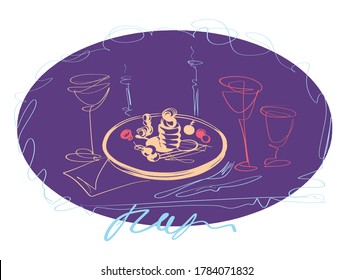 Signboard. Fine Haute Cuisine. Restaurant. Candlelight Dinner. Easy Casual Style With One Line. Sketch Vector