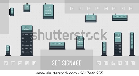Signboard frame for corporate store signage at station exterior wall with traffic display mockup modern totem panel tower screen and identity signage for digital information department

