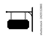 Signboard hanging on chains icon. Black silhouette. Front side view. Vector simple flat graphic illustration. Isolated object on a white background. Isolate.