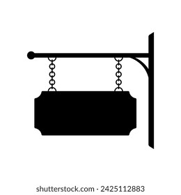 Schild hängt an Ketten-Symbol. Schwarze Silhouette. Vordere Seitenansicht Vektor einfache flache grafische Darstellung. Isoliertes Objekt auf weißem Hintergrund. Isolieren.