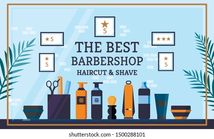Signboard Inscription Best Barbershop, Lettering. Banner on Wall Awards for Better Customer Service and Quality Work in Field Beauty, Right Selection Tools for Work. Vector Illustration.