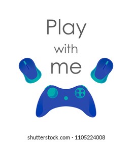 Signboard or logo, text play with me, computer mouse and joystick, isolated illustration