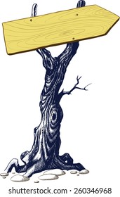 signboard nailed the tree isolated on white background