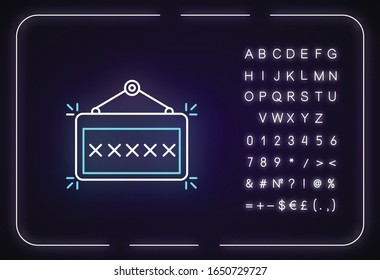 Signboard Neon Light Icon. Outer Glowing Effect. Sign With Alphabet, Numbers And Symbols. Night Club Door Sign. Hanging Board With Informational Message. Vector Isolated RGB Color Illustration