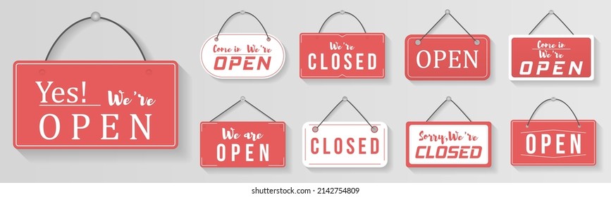 Signboard For Office, Cafe, Retail Market. Hanging Signboard Of Closed Shop For Mobile And Web. Label With Text In Flat Style. Come In, We're Open Retail Or Store Sign For Websites And Print. Vector.