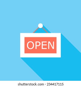  Signboard open flat icon. Modern flat icons with long shadow effect in stylish colors. Icons for Web and Mobile Application. EPS 10.