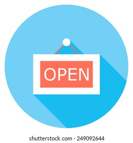  Signboard open flat icon. Modern flat icons with long shadow effect in stylish colors. Icons for Web and Mobile Application. EPS 10. 
