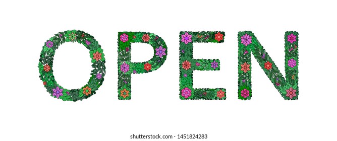 Signboard OPEN from floral elements on a white background. Banner, poster for opening a new store, boutique and other business. Vector illustration.