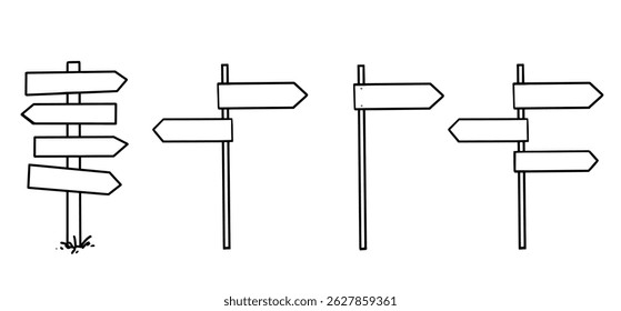 Signboard panel blank hand drawn direction wooden street elements. Guide line travel arrow old banners in sketch doodle simple style.
