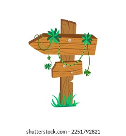 Signboard or pointer sign on pole from wood vector illustration. Wooden direction pointer and planks with plants, leaves and lianas in forest isolated on white background. Jungle, information concept