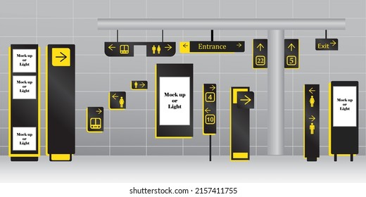 Signboard, pole, wall mount signage design template set. interior and exterior signage system. blank space for logo, text, symbol.