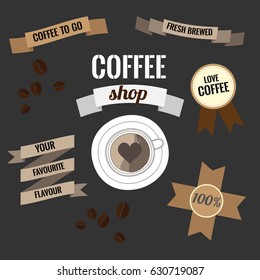 Signboard with ribbons, grains and inscriptions connected with coffee
