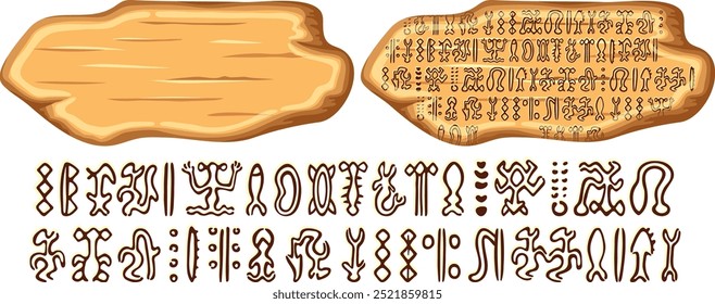 Signboard Rongorongo on Easter island  or Rapa Nui. Isolated vector cartoon wooden panel. Undeciphered captions ancient peoples. Ancient gryph with old texts. Gui elements for computer and board games