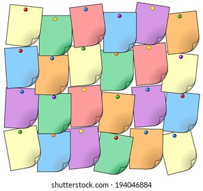 Signboard, set of empty colorful note paper, yellow, purple, orange, red, blue and green, arranged on a board with pins, curled corner with shadow. vector art image illustration, isolated on white