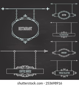 Signboard set on chalkboard.