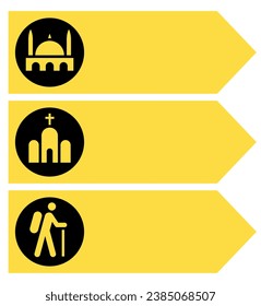 Signboard set on road for pointing direction. Signpost to church, mosque and hiking trail. Landmark - arrow boards isolated on white background