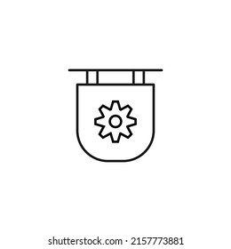 Signboard for shops and stores. Monochrome sign and editable stroke. Suitable for advertisement, books, internet sites, apps. Vector line icon of gear or cogwheel on signboard