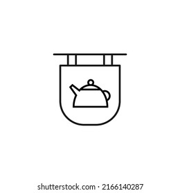 Signboard for shops and stores. Monochrome sign and editable stroke. Suitable for advertisement, books, internet sites, apps. Vector line icon of teapot on signboard