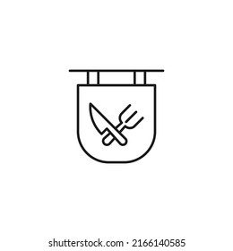 Signboard for shops and stores. Monochrome sign and editable stroke. Suitable for advertisement, books, internet sites, apps. Vector line icon of crossed knife and fork on signboard 