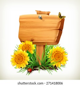 Signboard with sunflowers, ladybug and butterfly on a white background, vector icon, an universal frame for advertising in the summertime