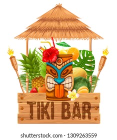 Signboard of Tiki Bar with exotic cocktail in mug with Tiki mask, bamboo torch and fruits. Hawaiian traditional elements. Isolated on white background. Vector illustration.