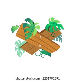 Signboard or wooden cross vector illustration. Wooden planks with plants, leaves and lianas in forest isolated on white background. Jungle, information concept