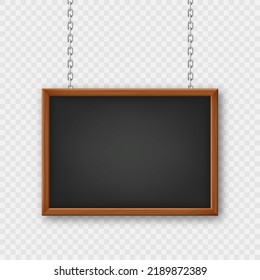 Signboard in a wooden frame hanging on a metal chain. Restaurant menu board. School chalkboard, writing surface for text or drawing. Blank advertising or presentation board. Vector illustration