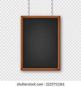 Signboard in a wooden frame hanging on a metal chain. Restaurant menu board. School chalkboard, writing surface for text or drawing. Blank advertising or presentation board. Vector illustration