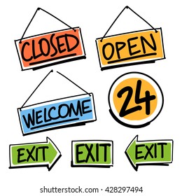 signboards. Open, 24 hours, closed, welcome, exit