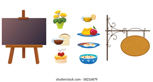 signboards and set of breakfast