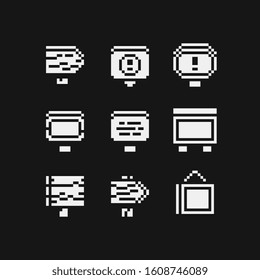 Signboards set. Pixel art flat style. Wooden signboard, stop sign. Design for logo mobile app, web, sticker. 8-bit sprite. Game assets. Isolated vector illustration.