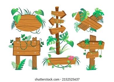 Signboards or signs on poles from wood vector illustrations set. Wooden direction pointers and planks with plants, leaves and lianas in forest isolated on white background. Jungle, information concept