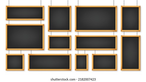 Signboards in a wooden frame hanging on a metal chain. Restaurant menu board. School chalkboard, writing surface for text or drawing. Blank advertising or presentation boards. Vector illustration