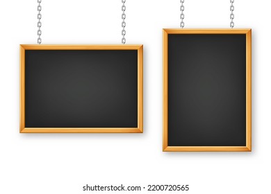 Signboards in a wooden frame hanging on a metal chain. Restaurant menu board. School chalkboard, writing surface for text or drawing. Blank advertising or presentation boards. Vector illustration