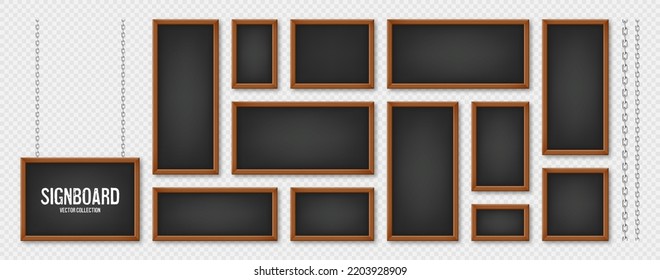 Signboards in a wooden frame hanging on a metal chain. Restaurant menu board. School chalkboard, writing surface for text or drawing. Blank advertising or presentation boards. Vector illustration