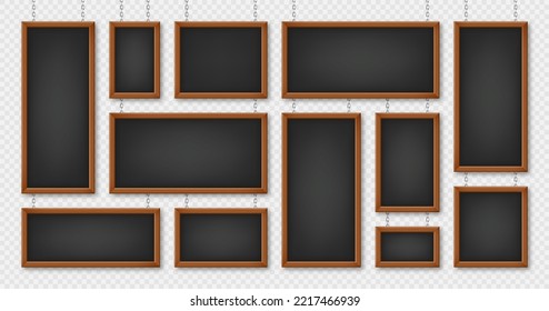 Signboards in a wooden frame hanging on a metal chain. Restaurant menu board. School chalkboard, writing surface for text or drawing. Blank advertising or presentation boards. Vector illustration