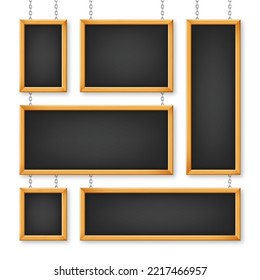 Signboards in a wooden frame hanging on a metal chain. Restaurant menu board. School chalkboard, writing surface for text or drawing. Blank advertising or presentation boards. Vector illustration