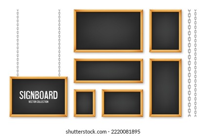 Signboards in a wooden frame hanging on a metal chain. Restaurant menu board. School chalkboard, writing surface for text or drawing. Blank advertising or presentation boards. Vector illustration