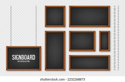 Signboards in a wooden frame hanging on a metal chain. Restaurant menu board. School chalkboard, writing surface for text or drawing. Blank advertising or presentation boards. Vector illustration