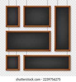 Signboards in a wooden frame hanging on a metal chain. Restaurant menu board. School chalkboard, writing surface for text or drawing. Blank advertising or presentation boards. Vector illustration