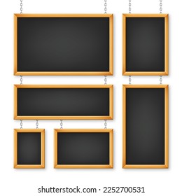 Signboards in a wooden frame hanging on a metal chain. Restaurant menu board. School chalkboard, writing surface for text or drawing. Blank advertising or presentation boards. Vector illustration