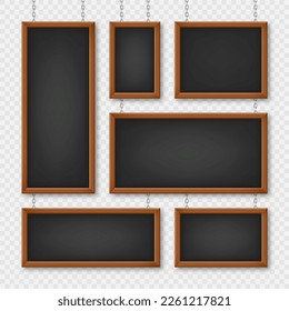 Signboards in a wooden frame hanging on a metal chain. Restaurant menu board. School chalkboard, writing surface for text or drawing. Blank advertising or presentation boards. Vector illustration